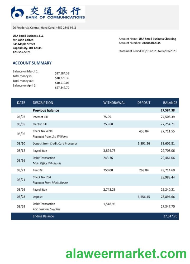 BANK of Communications bank enterprise account statement Word and PDF template